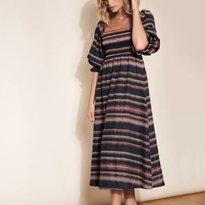 Hutch - Reva Smocked Midi Dress - Black, Red Embroidery - M - Off Shoulder Sleev